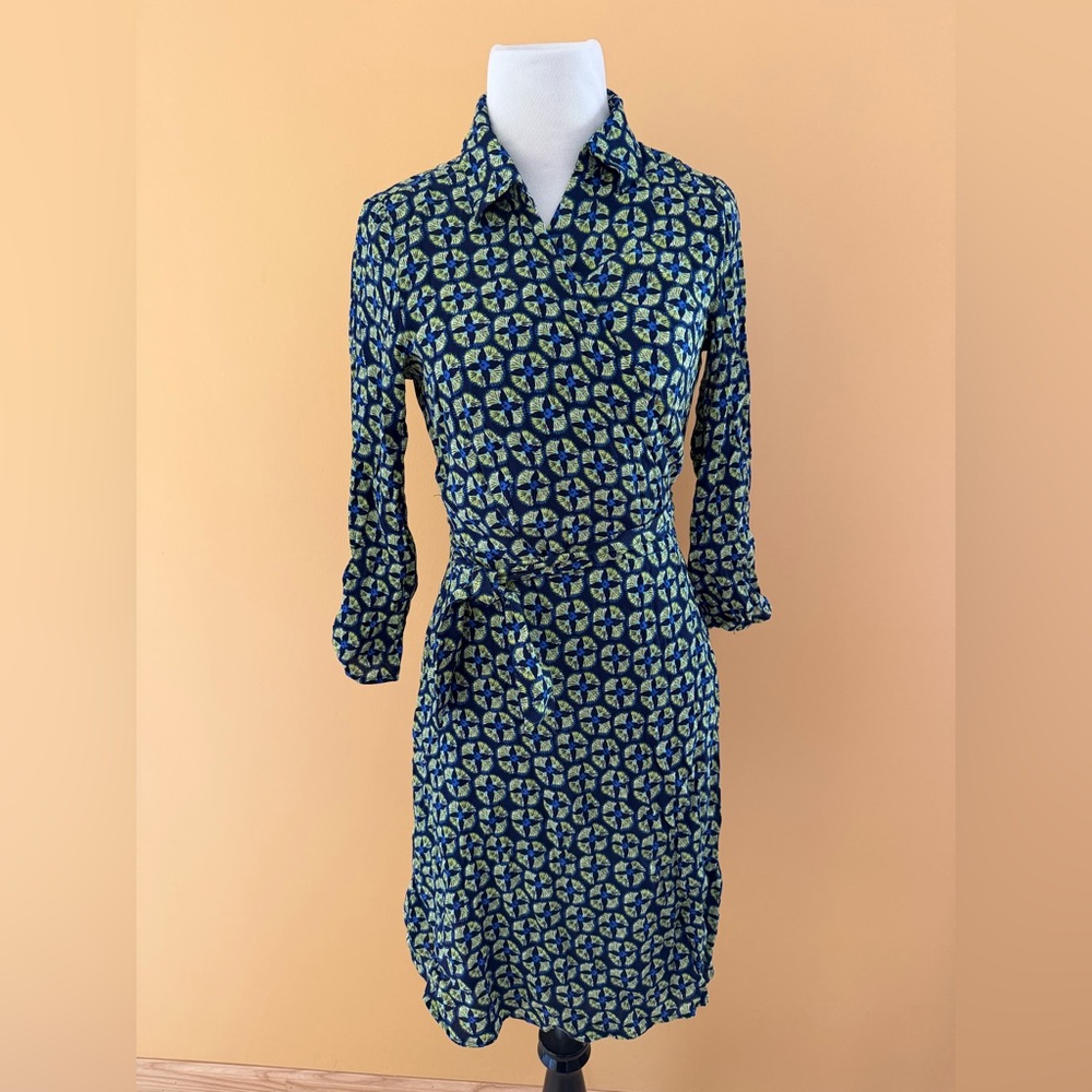 Surkana Belted Shirt Dress Long Sleeve Collar Blue Geometric Print Boho Retro M